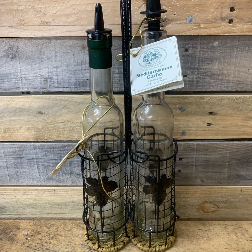 Set of Two Olive Oil Bottles with Wrought Iron Holder
